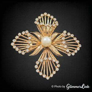 Vintage Signed JP Openwork Maltese Cross Faux Pearl Rhinestones Gold Tone Brooch
